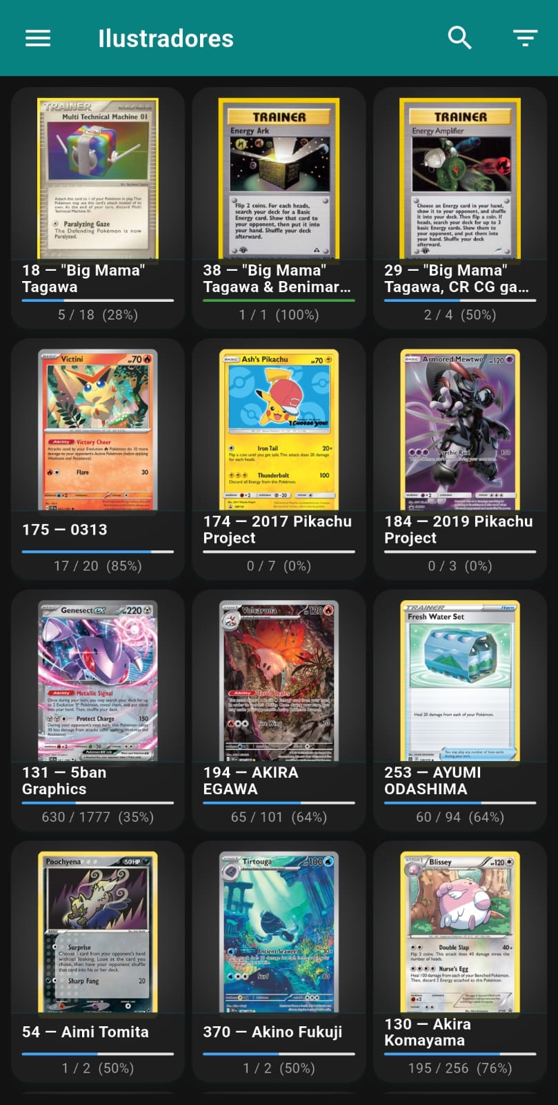 Busca avançada de cartas Pokémon por artista e raridade no PokelensTCG
