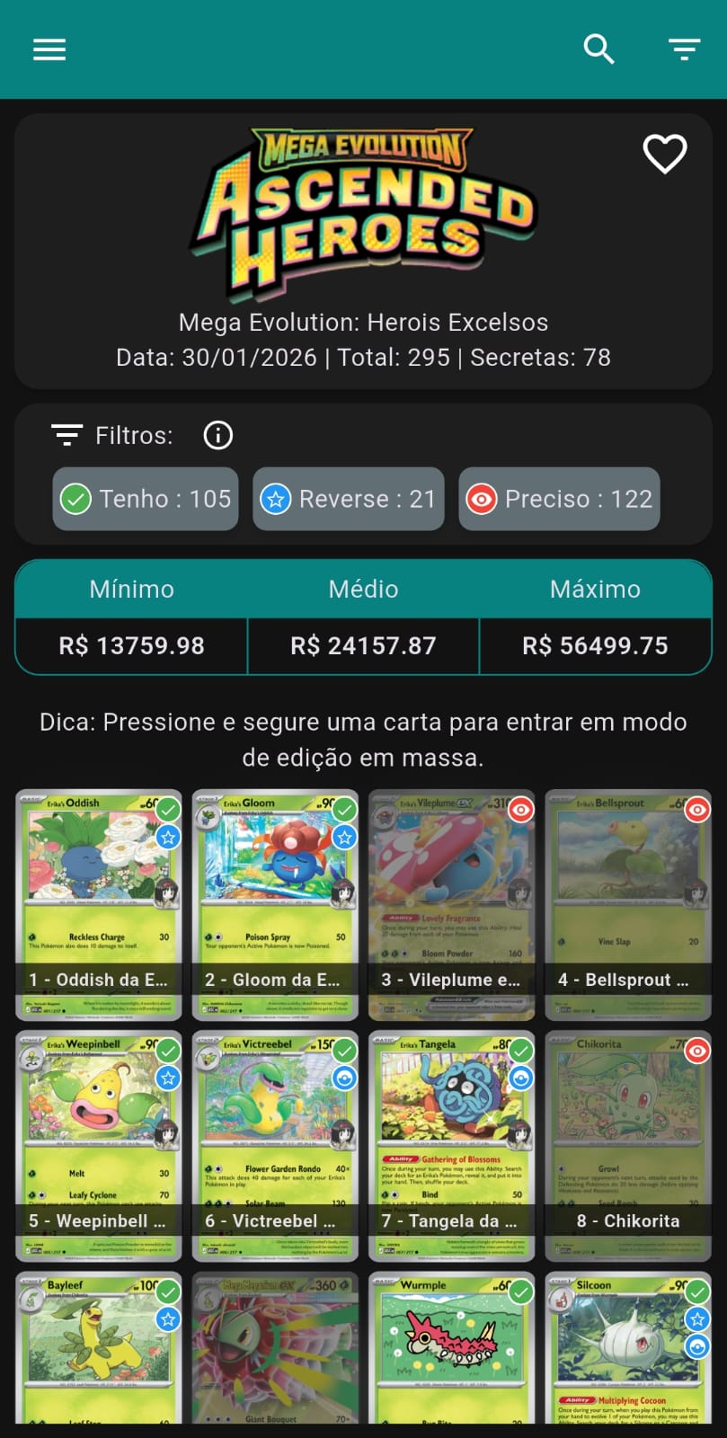 Gerenciamento de coleção de cartas Pokémon TCG no PokelensTCG