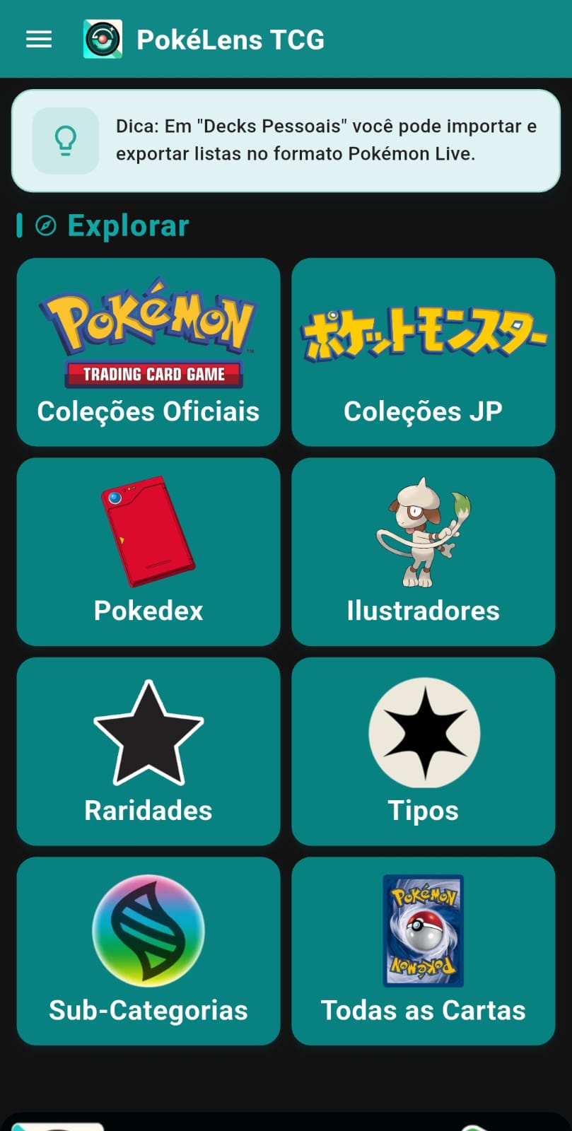 Tela inicial do PokelensTCG - aplicativo de cartas Pokémon para Android